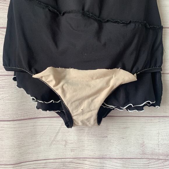 Vintage Black One Piece Skirted Swimsuit or Swimdress White Trim Built-in Cups - Picture 9 of 16